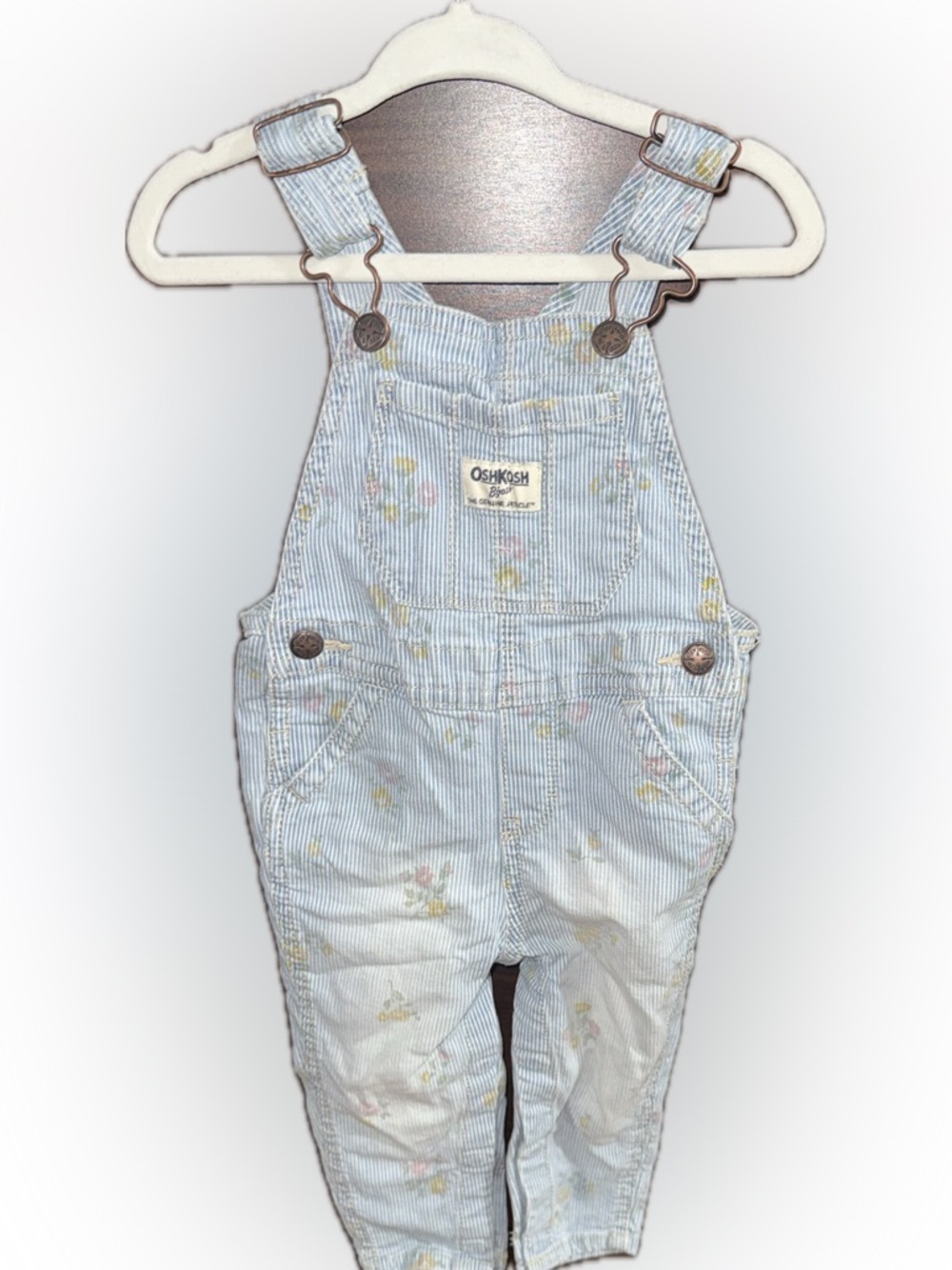 OshKosh B'gosh Light Blue Floral Stripe Baby Girls Overalls - Size 12m